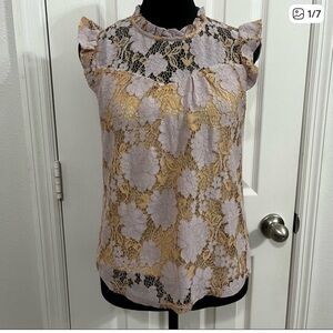 Monteau Gold and Cream Lace Floral Blouse